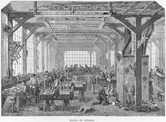 第2帝国時代のプレイエルピアノ製作者のワークショップ、ジュリアンターガンの「Les Grandes Usines」のイラスト、1880年頃